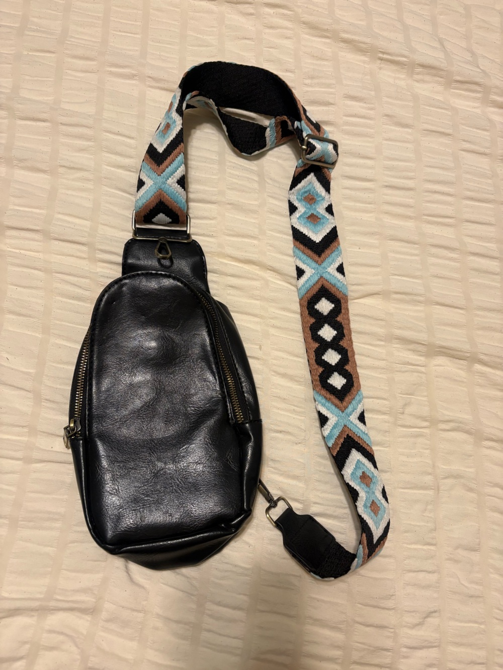 Black Leather Sling Belt Bag with Patterned Strap